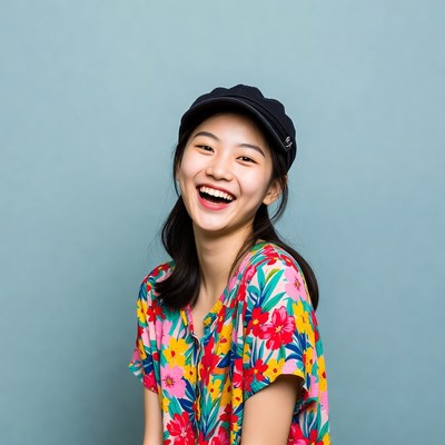 Smiling Asian girl in floral shirt