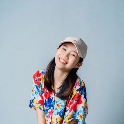 Smiling Asian girl in floral shirt and cap