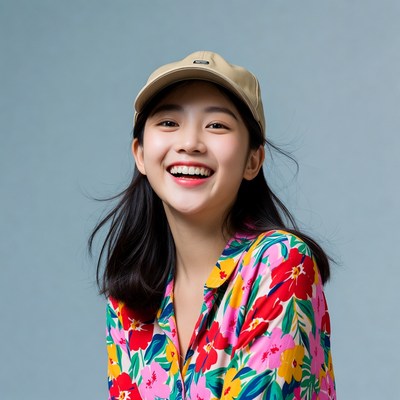 Asian girl smiling in cap and floral shirt