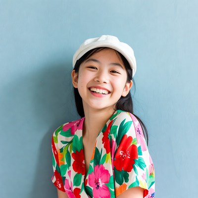 Asian girl smiling in floral dress