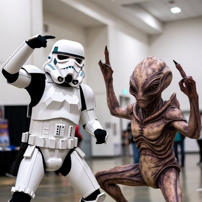 Stormtrooper posing with alien at convention