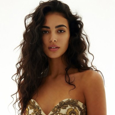 Woman with curly hair in gold dress