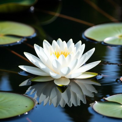 White lotus flower on water lily pads