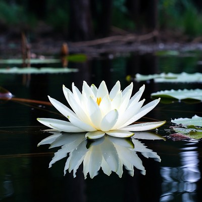 White lotus flower on dark pond