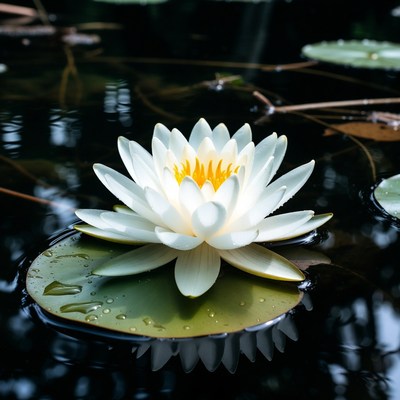 White lotus flower on lily pad