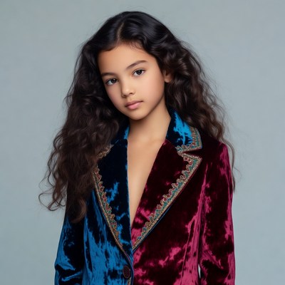Girl in velvet blue pink jacket