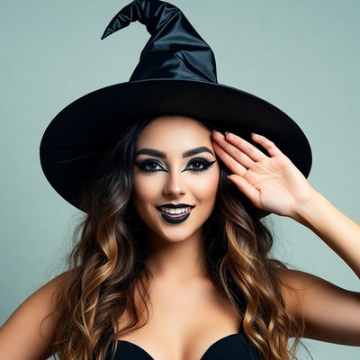 Woman in witch hat saluting