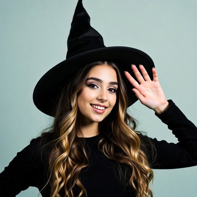 Smiling woman waving in witch hat