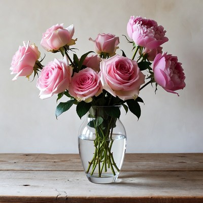 Pink Roses in Glass Vase
