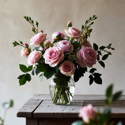 Pink Roses in Glass Vase