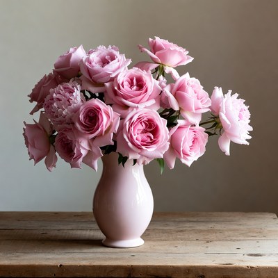 Pink Roses Bouquet in White Vase