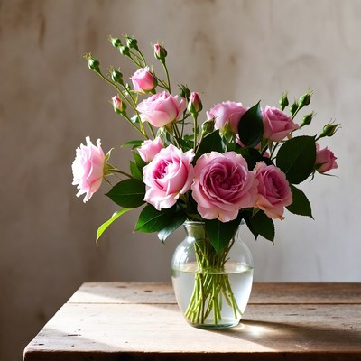 Pink Roses in Glass Vase