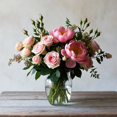Pink Roses Bouquet in Glass Vase