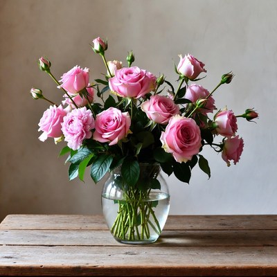 Pink Roses in Glass Vase