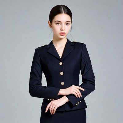 Asian woman in navy military blazer
