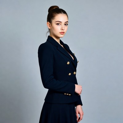 Young woman in navy blazer suit