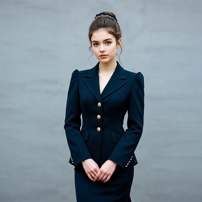 Young woman in navy blue blazer suit