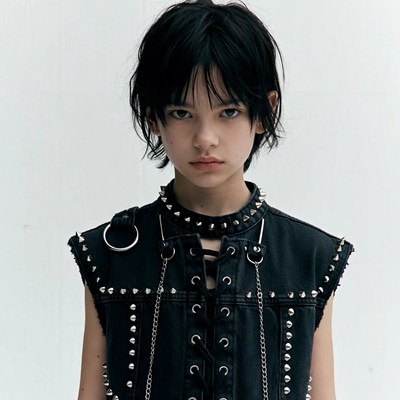 Asian girl in studded denim vest