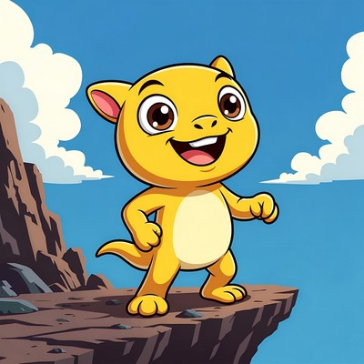 Cartoon yellow cat standing on cliff