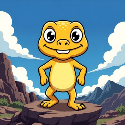 Cartoon yellow gecko on mountain rock