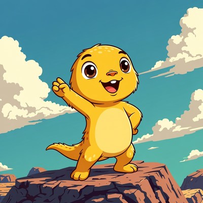 Cartoon yellow gecko waving on rock