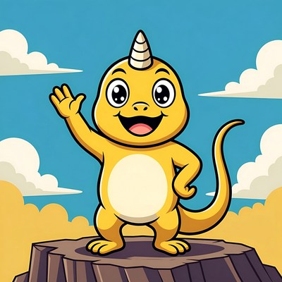Yellow cartoon dinosaur waving hello