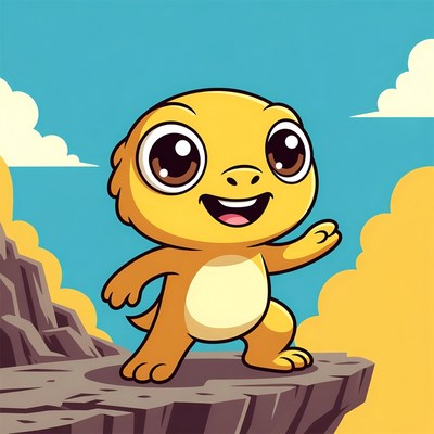 Cute cartoon dinosaur waving on cliff