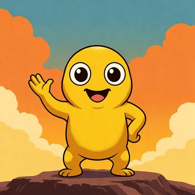 Yellow cartoon character waving on rock