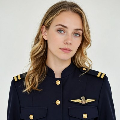 Blonde woman in navy pilot uniform