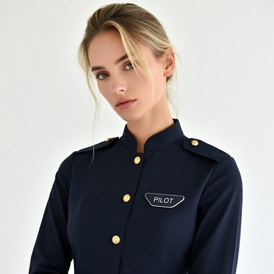 Blonde woman in pilot uniform