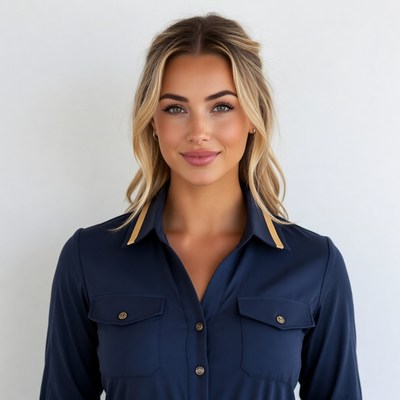Blonde woman in navy shirt