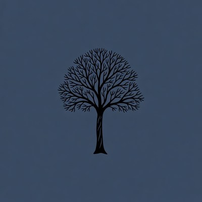 Black silhouette tree on navy background