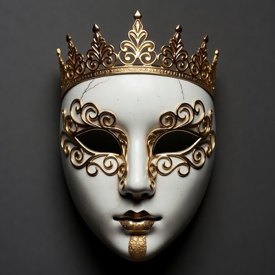 White porcelain Venetian mask with gold crown