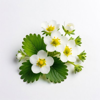 White strawberry flowers with leaves