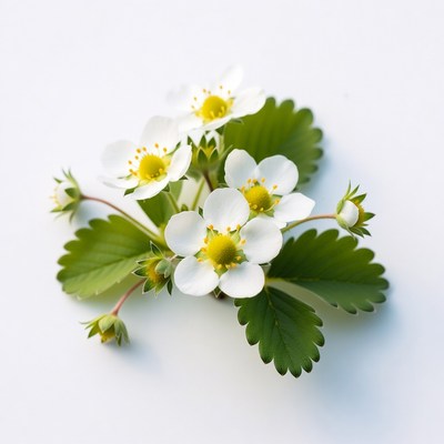 Strawberry Flowers on Green Leaves