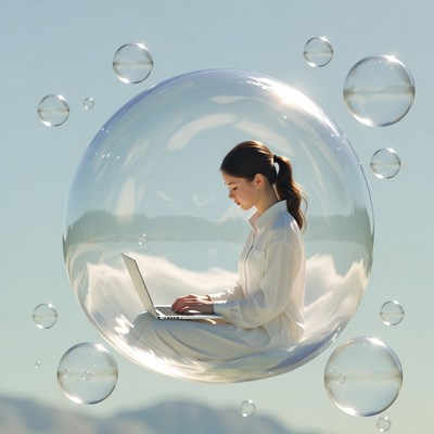 Asian woman working on laptop in bubble