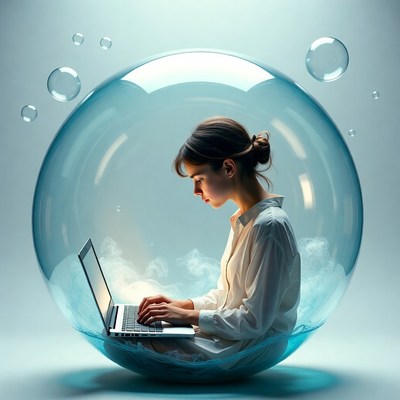 Woman working on laptop in bubble