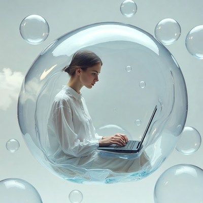 Woman working on laptop in bubble