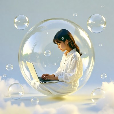 Asian woman working on laptop in bubble