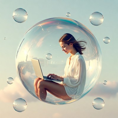 Woman working on laptop in bubble