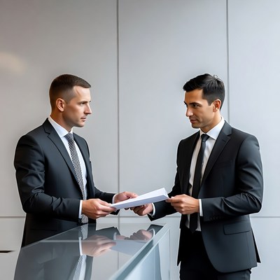 Two businessmen discussing document