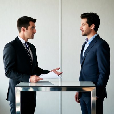Two businessmen discussing document