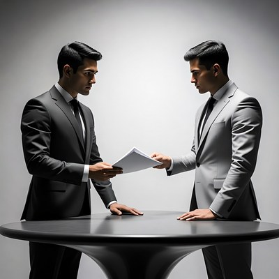 Two Asian men reviewing document at table