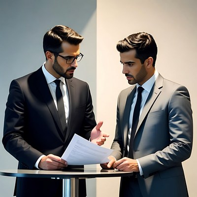 Two businessmen discussing document