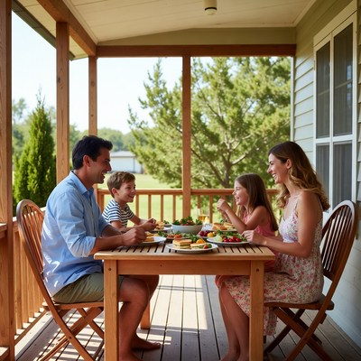 Family dining on porch