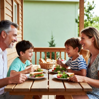 Family eating lunch on wooden porch