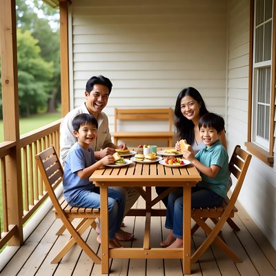 Asian family eating breakfast on porch