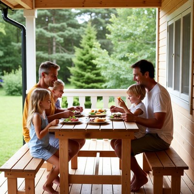 Family eating outdoors on porch