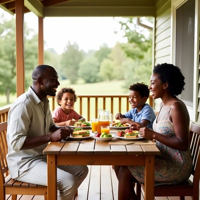 African-American family eating on porch