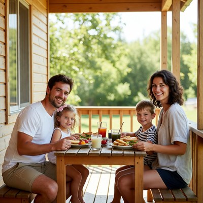 Family Eating Breakfast on Cabin Porch
